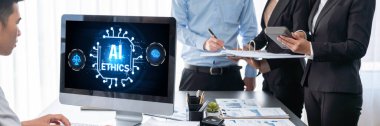 Yapay zeka etik standart hukuk ve bilgisayar ekranındaki kurallar yapay zeka etik şeffaflığının teknoloji suçunu önlediğine dair rapor sunuyor. canlı