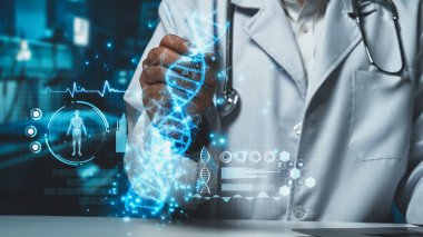 Elinde tabletle masada oturan yetenekli doktorların yakın çekimleri hastanede bulanık bir geçmişi olan DNA hologramına işaret ediyor. Tıp çalışanı genetik bozuklukları kontrol ediyor ve inceliyor. İyileştirici.