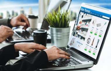 on pharmacy online store on computer screen for shopping for medical products drugs and medicine snugly