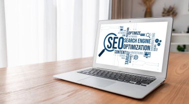 Model e-ticaret için SEO arama motoru optimizasyonu ve bilgisayar ekranında gösterilen çevrimiçi perakende işi