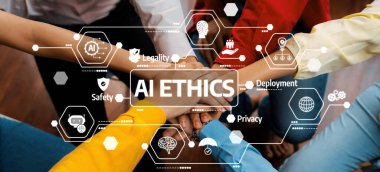 Bu resim, güvenlik, yasallık ve teknoloji dağıtımında mahremiyet gibi temel konuları vurgulayarak, yapay zeka etiği kavramı etrafında birleşmiş çeşitli el gruplarını gösteriyor. Dostluk