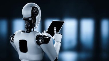 4. endüstriyel devrim için yapay zeka ve makine öğrenme süreci kavramında tablet bilgisayar kullanan robot hominoidler. 3B görüntüleme.