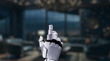 Fütüristik bir robot el, teknoloji güdümlü endüstrilerde yenilik ve başarıyı sembolize eden, gösterişli bir modern ofiste çeşitli iş simgeleriyle yukarı doğru büyüme eğilimlerini gösteriyor. Auvana