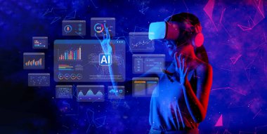 Sanal gerçekliğe dalmış bir kadın yapay zeka ve veri analizlerinin kesişimlerini keşfediyor, yenilikçi teknoloji ve kullanıcı deneyimleri sergiliyor. XDMCP