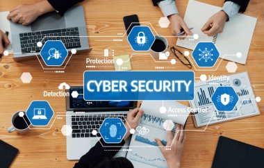 Siber güvenliğe işbirlikçi bir yaklaşım sergileyen dinamik bir toplantıda, korunma ve erişim kontrol stratejilerini vurgulayan dizüstü bilgisayarlar, çizelgeler ve dijital güvenlik simgeleri yer alıyor. Dostluk