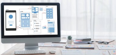 Hareketli mobil uygulama ve web sitesi için UX UI tasarım süreci. Profesyonel uygulama geliştiricisi için kablo grafiğinin yaratıcı prototipi .