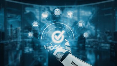 Yenilik ve otomasyonu vurgulayan modern bir yüksek teknoloji ortamında teknolojinin ve bağlanabilirliğin temalarını gösteren, dijital simgelerle uğraşan gelecekçi bir robot el. Auvana