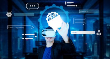 Akıllı proje yöneticisi AI sohbet hologramına işaret ediyor ve modern ofiste kulaklık takıyor. Profesyonel iş adamı bulanık geçmişi olan artırılmış gerçeklik gözlükleri üzerinde çalışıyor. Teknoloji. Yaratıcılık.