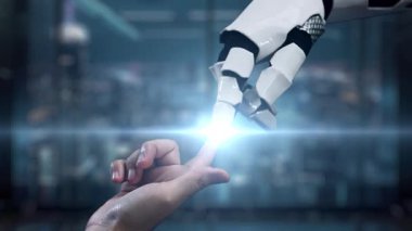 Çağdaş çalışma alanındaki iş büyümesi için teknoloji ve insan görüşü arasındaki işbirliğini sembolize eden, bir insan elini desteklemek için uzanan parlak bir robot eli. Auvana