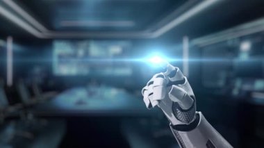 Fütürist bir robot el, modern çalışma alanındaki gelişmiş teknoloji ve küresel etkileşimi sembolize ederek, ağ bağlantılarıyla çevrili dijital bir küreye doğru hareket eder. Auvana