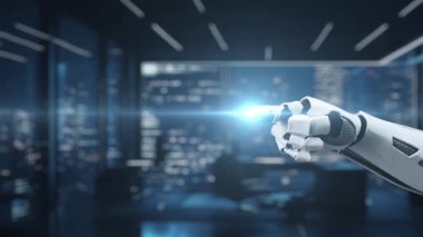 Bir robot el, yenilik ve otomasyonu yansıtan modern bir teknoloji çalışma alanında ayarlanmış, dinamik grafikler ve analizler gösteren şeffaf bir veri arayüzüne bağlanır. Auvana