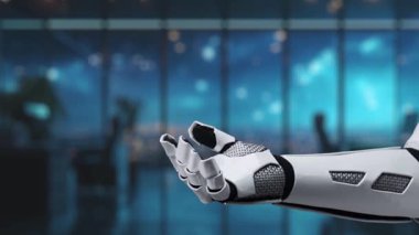 Robotik bir el, modern bir iş ortamında ileri teknoloji ve yenilikçi çözümler sunan, veri ve analiz ikonları ile çevrili bir dijital hedef sembolü tutmaktadır. Auvana