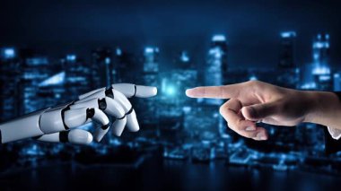 Gelecekçi robot yapay zeka yapay zeka yapay zekayı aydınlatıyor ve makine öğrenme kavramını geliştiriyor. İnsan hayatının geleceği için küresel robot biyonik bilim araştırması. 3B görüntüleme grafiği.