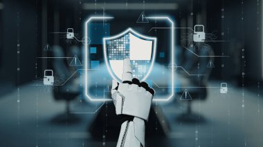 Parlayan dijital bir güvenlik kalkanıyla etkileşime geçen robot bir el, şık, modern ofis ortamında gelişmiş siber güvenlik önlemlerini sembolize ediyor. Auvana