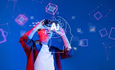 Büyüleyici bir dijital deneyim için yapay zeka unsurlarıyla geliştirilmiş sanal gerçeklik teknolojisine sahip bir kullanıcıyı gösteren canlı bir sahne keşfedin. XDMCP