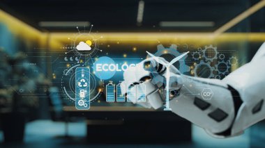 Gösterişli modern çalışma alanında ekolojik teknolojiyi ve yenilenebilir enerji çözümlerini gösteren dijital grafiklerle uğraşan robotik bir el, yeniliği vurguluyor. Auvana