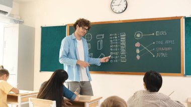 Öğrenciye bakarken, sınıfta matematik teorisi hakkında konuşan ve açıklayan beyaz bir öğretmen. Tahtanın önünde durup tahtaya işaret eden yetenekli bir eğitmen. Pedagoji.