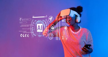 Genç bir kadın, canlı renkler ve yapay zeka grafikleriyle çevrili sanal gerçeklik kulaklığıyla teknolojinin ve kullanıcı deneyiminin füzyonunu sergiliyor. XDMCP