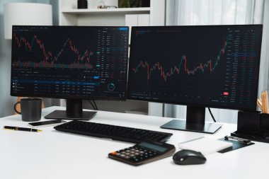 Bilgisayarda iki adet dinamik borsa grafiği görünüyor. Yazılımda güncellenen finansal teknolojiye yapılan zaman uygulaması yatırımı üzerinden otomatikman satış veya satın alma karı. İnfobahn.