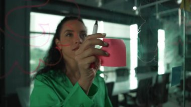 Fikirlerini paylaşmak için cam duvara yapışkan notlar yapıştıran zeki, yetenekli İspanyol menajer. Ofisteki cam tahtada yapışkan notlar kullanarak iş planı yapan profesyonel bir iş kadını. Yönlendirici.