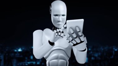 Robot hominoid use mobile phone or tablet for big data analytic using AI thinking brain , artificial intelligence and machine learning process for the 4th fourth industrial revolution . 3D rendering.