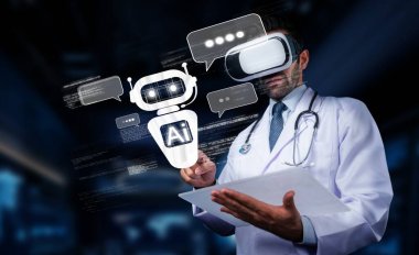 Sanal gerçeklik kulaklığı takan bir tıp uzmanı, modern bir sağlık ortamında gelişmiş teknolojiler sergileyen yapay zeka robotu ile karşılaşır. PHMT