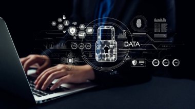 Hassas bilgilerin korunmasının önemini vurgulayan, dijital kilit ve siber güvenlik simgeleri yoluyla güvenli veri yönetimini gösteren kavramsal bir görüntü. Dörtgen