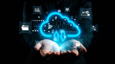 Modern eller, teknoloji ve güvenlik kavramlarını gösteren çeşitli dijital simgelerle çevrili, veri transferi ve depolamayı sembolize eden canlı bir bulut simgesi sunar. Dörtgen