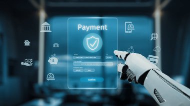Bu resim, modern teknoloji ve finansal güvenliği vurgulayarak, lüks bir ofis ortamında dijital ödeme arayüzü ile etkileşime geçen robotik bir eli gösteriyor. Auvana