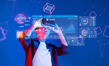 Bir insan, dinamik veri analizleri ve yapay zeka görselleriyle çevrili sanal gerçeklik teknolojisiyle ilgilenir, modern teknoloji kullanımını ve kullanıcı deneyimini ön plana çıkarır. XDMCP