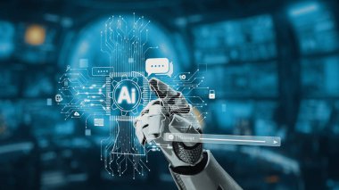 Sanal bir yapay zeka arayüzüne bağlanan robot bir el, dijital ortamda teknoloji ve iletişimin kesişimini vurguluyor. Auvana