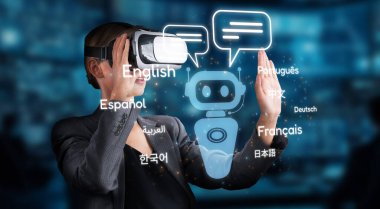 Sanal gerçeklikte gelişmiş yapay zeka dili çevirisiyle iletişimin geleceğini araştırın, insan etkileşimini ve çeşitli dilleri resmedin. XDMCP