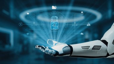 Bir robot kol, modern teknoloji ve yenilikte siber güvenliğin önemini vurgulayan kilit sembolü içeren yüksek teknolojili bir güvenlik kavramını sergiliyor. Auvana