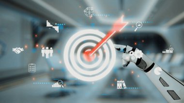 Bir hedefi işaret eden robot el, teknolojide hassasiyeti ve yeniliği temsil eder. Dijital semboller, modern büyüme için veri analizleri ve iş stratejileri öneriyor. Auvana
