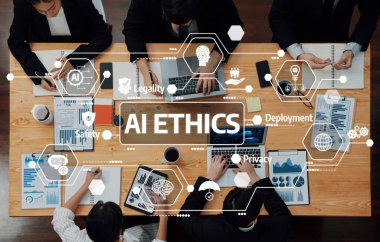 Profesyonel bir toplantıda Yapay Zeka etiği, yasallık, güvenlik ve görevlendirme stratejileri üzerinde tartışmalar yapılırken, paydaşlar arasında işbirliğine gidilmesi üzerinde duruldu. Dostluk