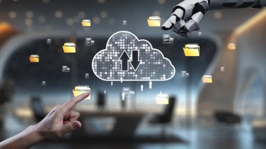 Bu resim modern ofis ortamında robot bir elle insan eli arasındaki etkileşimi yakalar. Dosya yönetimi ve veri paylaşımı ile bulut depolama kavramını temsil ediyor. Auvana