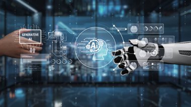 İnsan eliyle robot el arasındaki etkileşimin çarpıcı bir temsili, üretken yapay zeka teknolojisini gösteriyor, modern, yüksek teknoloji ortamında yenilik sergiliyor. Auvana