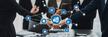 Profesyonel bir toplantıda KPI metrikleriyle dijital arayüz üzerinde gösterilen işbirliği, takım çalışması ve iş büyümesi için stratejik planlama vurgulandı. Dostluk