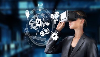 Bir iş kadını sanal gerçeklik teknolojisiyle ilgileniyor, modern bir ofiste yapay zeka kavramlarını keşfediyor, teknoloji endüstrisinde yenilik ve yaratıcılık sergiliyor. XDMCP