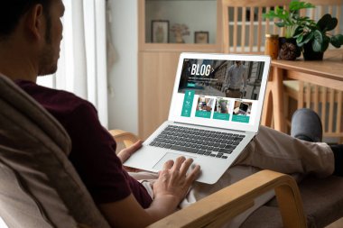 blogging concept, web blog Social Media Information network snugly. social media online content, freelance worker, working online, content creator, blogger, website, reading blog online on computer