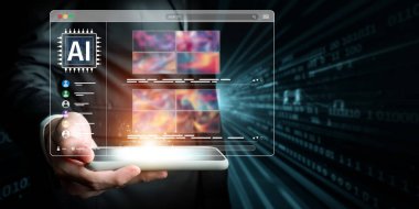 Bir işadamı, teknolojik bir ortamda veri görselleştirmeleri ve içgörülerini vurgulayan, üretken bir yapay zeka arayüzünü gösteren bir tablet sergiliyor. XDMCP