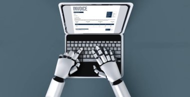 Muhasebe uygulamasından gelen fatura bilgisayar ekranında. Şirket işlerinin finans ve bütçesi için bilgisayar programı. Rahat bir şekilde. 3B illüstrasyon