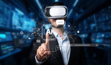 Sanal gerçeklik gözlüğü takan bir kişi yüksek teknolojili bir ortamda yapay zeka sohbet robotu arayüzü ile etkileşime geçerek otomasyon ve dijital bağlanmanın geleceğini gösteriyor. XDMCP