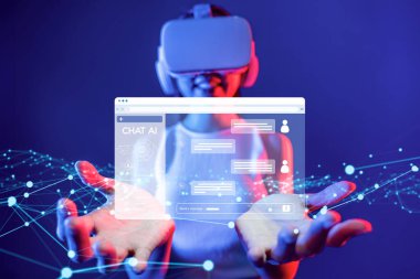 Yapay zeka sanal asistanı Chatbot ile yapay zeka konsepti ile insan etkileşimi, yapay zeka mühendisliği, LLM yapay zeka derin öğrenimi iş desteği için üretken yapay zeka kullanımı. EIDE