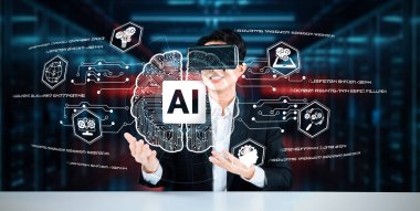 Yapay zeka teknolojisini kullanarak çalışan gözlüklü bir iş adamı. Resmi kıyafet kontrolü ve üst veriye erişimi olan proje yöneticisi geliştirilmiş ve bulanık arkaplan kullanan bir teknoloji kullanıyor. Yaratıcılık.