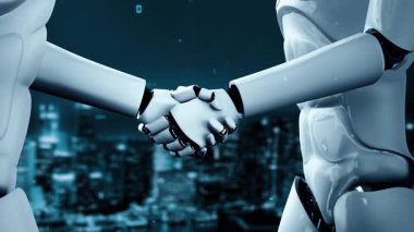 Futuristic robot artificial intelligence huminoid AI programming coding technology development and machine learning concept. Robotic bionic science research for future of human life. 3D rendering.