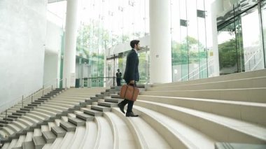 Profesyonel iş adamı merdivenlerden çıkıyor. Başarılı bir adam merdivenleri çıkarken yeni bir şey keşfediyor. Seyahat etmeyi, terfi etmeyi, yeni bir iş bulmayı, yeteneğini arttırmayı temsil etti. Sevinçli..