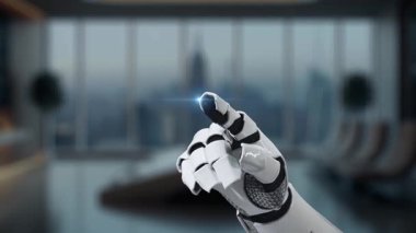 Robotik bir el modern bir çalışma ortamında yapay zeka ölçümleri ve veri analizleri gösteren holografik bir arayüzle karşılaşır. Auvana