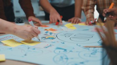 Renkli notlar ve çizimlerle çevrili, yaratıcılık ve takım çalışmasını yansıtan işbirlikçi bir beyin fırtınasına aktif olarak katılan dinamik bir sahne. SACTR