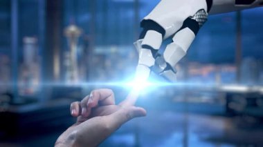 Dijital borsa verileri ve büyüme eğilimleri arasında finans alanında işbirliğini sembolize eden, robotik el ile insan eli arasındaki etkileşimi gösteren modern bir sahne. Auvana